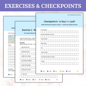 Printable Korean Sentence Builder worksheets: ‘Exercise 1 - Rearrange the Blocks’ and ‘Checkpoint A - Is Your Do Last?’. Color-coded who/what/do legend. Build sentences in Hangul.