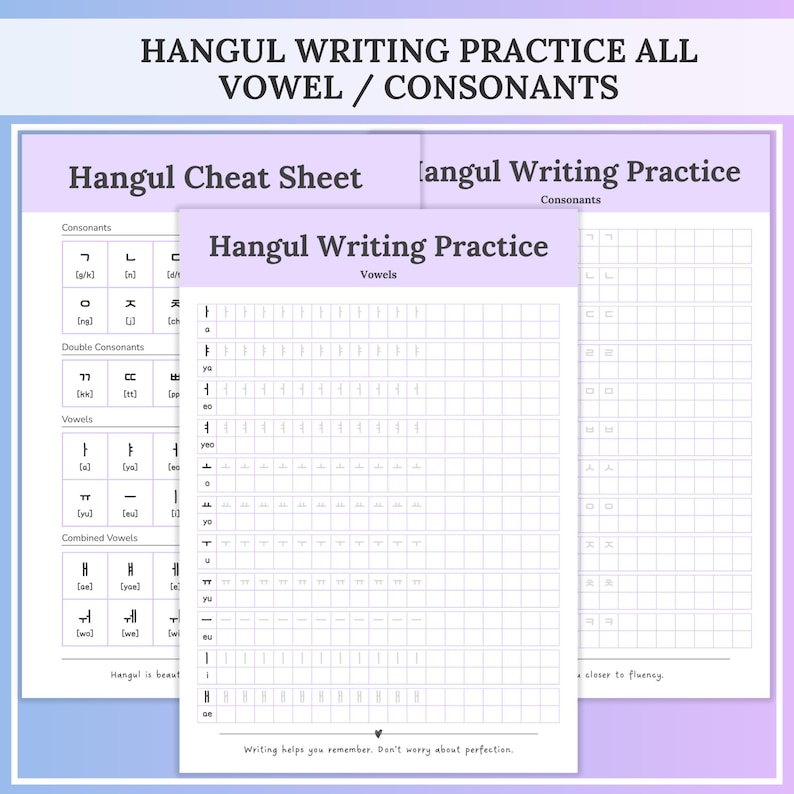 A Hangul cheat sheet with all consonants is shown behind a large vowel practice page covered in neat grid lines with sample characters to trace, introduced by the heading “Hangul writing practice all vowel / consonants.” Hangul alphabet practice pages from the Korean study workbook for learning Korean vowels and consonants.