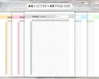 May include: A stack of study tracker sheets in A4 and A5 page sizes. The sheets have a grid layout for tracking progress, with headers that read "Study Tracker" and "Month". The sheets have colored borders in yellow, pink, gray, blue, and green.