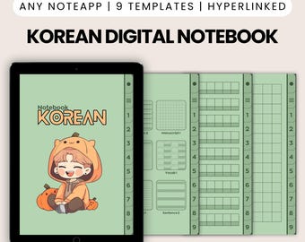 Korean study digital notebook, green language planner, hyperlinked PDF (iPad, Android)