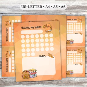 Könnte beinhalten: Orange und gelbe Gewohnheitstracker-Drucke mit dem Text "TRACKING MY HABITS" und "NOTES". Das Design umfasst Illustrationen eines Buches, eines Rucksacks und Herbstblättern. Die Papierformate sind US-LETTER, A4, A5 und A6.