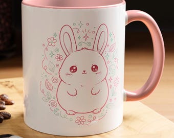 Floral Bunny Tasse, 11 Unzen Farbgriff in Pink oder Blau
