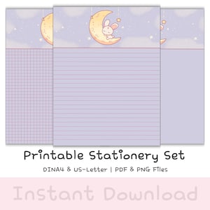 Juego de papelería imprimible / Papel para escribir con diseño de conejito kawaii sobre la luna / Rayado, cuadriculado y sin rayas
