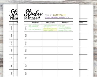 May include: A white study planner with a black "Study Planner" title. The planner includes a weekly schedule with sections for morning, afternoon, and evening. The week of September 1st to 7th is noted, with space for daily tasks.
