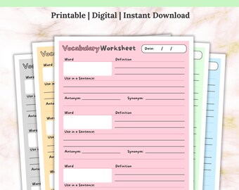 May include: A stack of colorful vocabulary worksheets with the title "VOCABULARY WORKSHEET" at the top. The worksheets are pink, yellow, gray, green, and blue. Each worksheet has sections for words, definitions, sentences, antonyms, and synonyms. The text "Printable | Digital | Instant Download" is also visible.