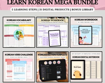 Learn Korean Mega Bundle, Beginner Self-Study Workbooks, Hangul, Vocabulary & Sentence Practice