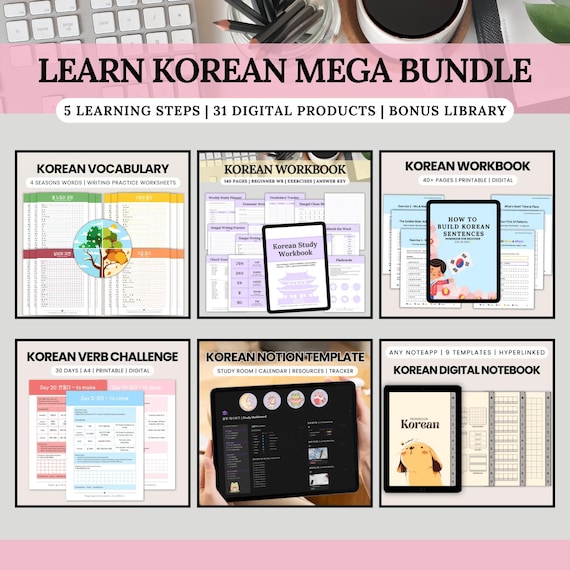 Learn Korean Mega Bundle, Beginner Self-Study Workbooks, Hangul, Vocabulary & Sentence Practice