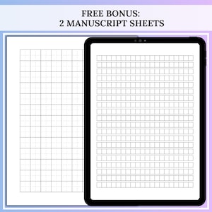 Two blank Hangul manuscript templates are shown, one on a tablet and one as a printable page, both filled with light grid boxes for writing practice, labeled as a “Free bonus: 2 manuscript sheets.” Extra hangul graph paper style writing sheets included with the Korean workbook digital download.
