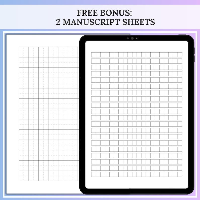 Two blank Hangul manuscript templates are shown, one on a tablet and one as a printable page, both filled with light grid boxes for writing practice, labeled as a “Free bonus: 2 manuscript sheets.” Extra hangul graph paper style writing sheets included with the Korean workbook digital download.