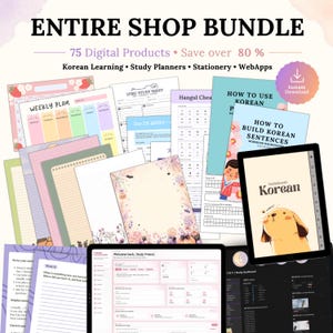 Op de afbeelding: Een digitaal productpakket met 75 items, waaronder leermiddelen voor Koreaans, studieplanners, briefpapier en web-apps. De collectie toont diverse printbare pagina's met kleurrijke afbeeldingen, tekst en een tablet met een Koreaans notitieboek.