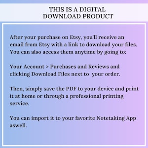 A pastel gradient information page explains that this is a digital download product and describes how to access, save and print the PDF after purchase. Instruction graphic for the Korean workbook digital download explaining Etsy access and printing steps.