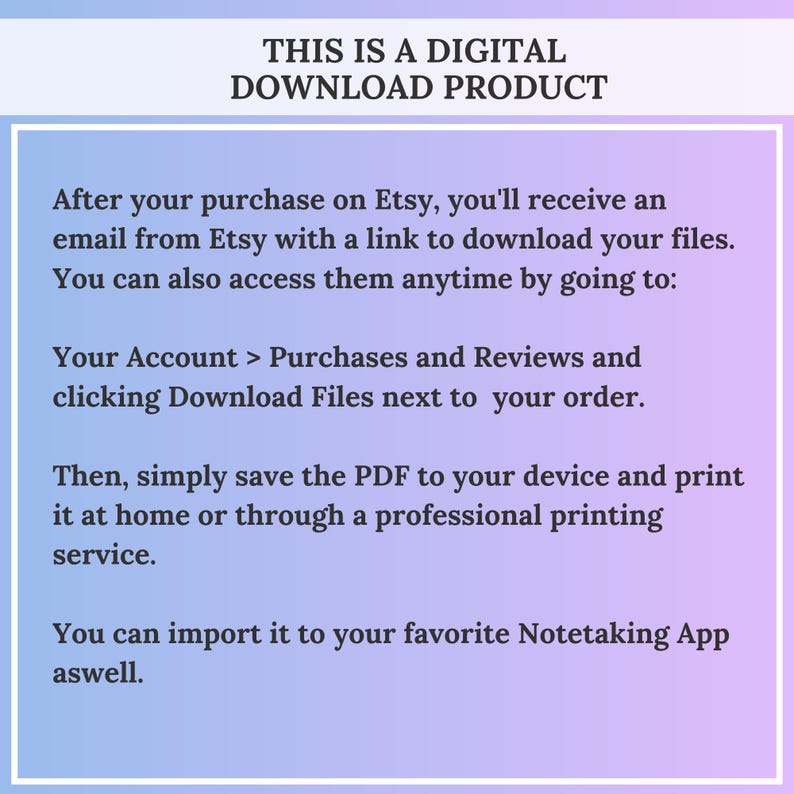 A pastel gradient information page explains that this is a digital download product and describes how to access, save and print the PDF after purchase. Instruction graphic for the Korean workbook digital download explaining Etsy access and printing steps.
