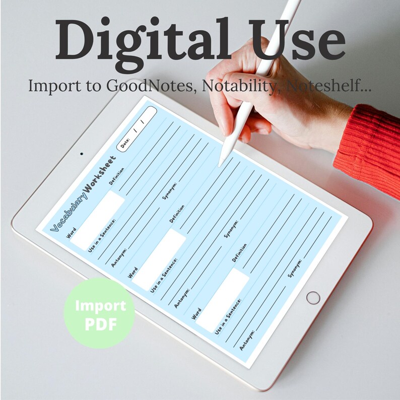 Noteability Hand Button Vocabulary Worksheet, Language Learning Practice, Synonym, Antonym ...