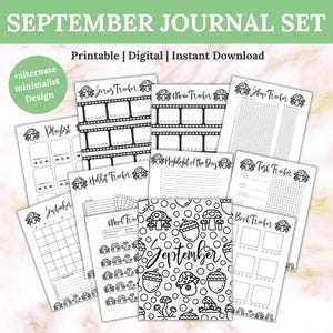 May include: A collection of printable journal pages with a minimalist design. The set includes trackers for series, movies, sleep, habits, mood, tasks, books, and a September calendar. The pages are black and white with mushroom and acorn illustrations.