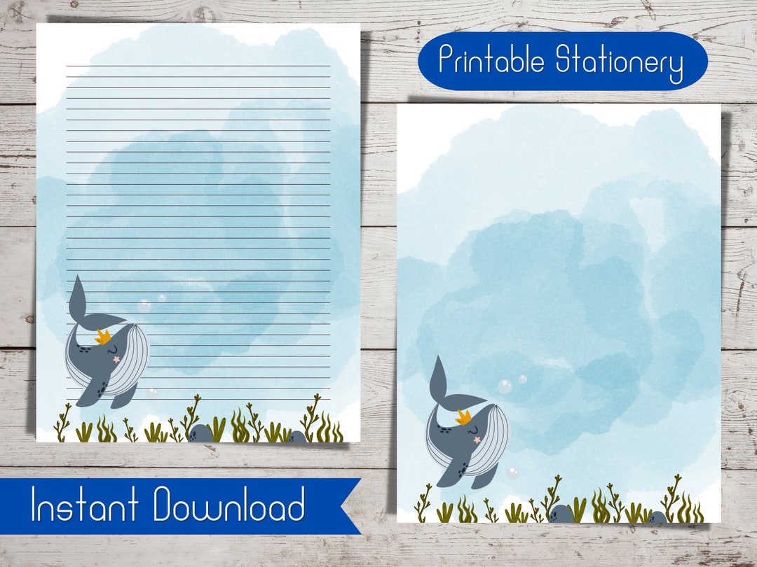 Printable Stationery Whale in Usletter Size Digital Note Paper for