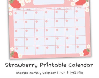 Undated Calendar Pastel Strawberry, reusable monthly planner, printable & digital, instant download