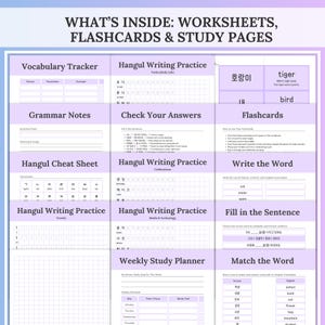 A collage of twelve sample pages shows vocabulary trackers, grammar notes, Hangul cheat sheets, writing practice, flashcards and exercises under the title “What’s inside: worksheets, flashcards & study pages.” Preview of the Korean study workbook pages and printable Korean learning resources.