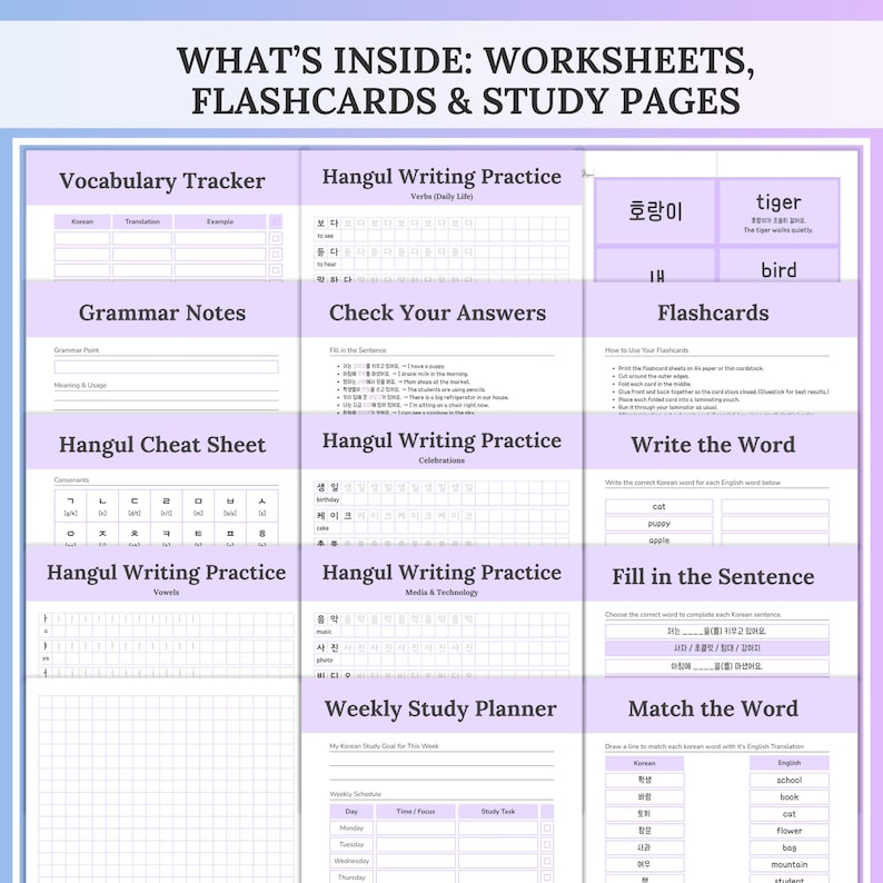 A collage of twelve sample pages shows vocabulary trackers, grammar notes, Hangul cheat sheets, writing practice, flashcards and exercises under the title “What’s inside: worksheets, flashcards & study pages.” Preview of the Korean study workbook pages and printable Korean learning resources.