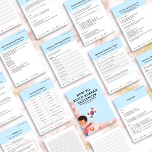 Flat lay of multiple pages from the Korean Sentence Builder Workbook and cover. Color-coded examples, drills, and answer keys. Printable and digital study workbook for beginners.