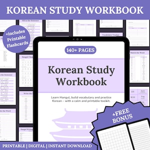 Quaderno di esercizi di coreano per principianti, pratica di scrittura Hangul e oltre 350 parole / PDF stampabile + agenda digitale GoodNotes + schede didattiche