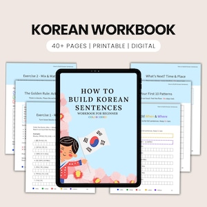 Korean Sentence Builder Workbook | Beginner Korean Grammar Practice | Printable & Digital PDF