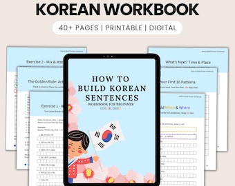 Ćwiczenia z budowania zdań po koreańsku | Ćwiczenia z gramatyki koreańskiej dla początkujących | Wersja do druku i wersja cyfrowa w formacie PDF