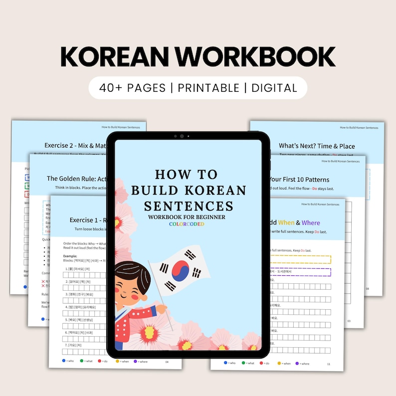 Korean sentence builder workbook cover with printable and digital beginner pages for learning Korean sentence structure.