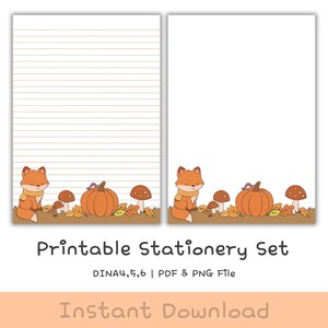 Ensemble de papier à lettre renard kawaii – Papeterie d'automne douillette | Papier à lettres imprimable A4, A5, A6 + guide du bloc-notes DIY (PDF + PNG)