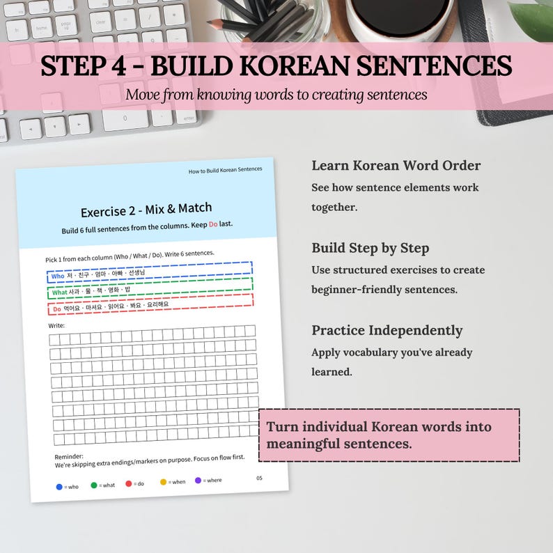 Beginner Korean sentence-building worksheet using color-coded who, what and verb columns to practice Korean word order and sentence structure.