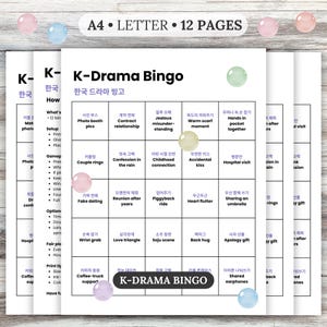 May include: A K-Drama Bingo game sheet with a white background and black text. The game includes various scenarios and phrases related to Korean dramas. The title "K-Drama Bingo" is prominently displayed. The sheet is designed for A4 paper and has 12 pages.