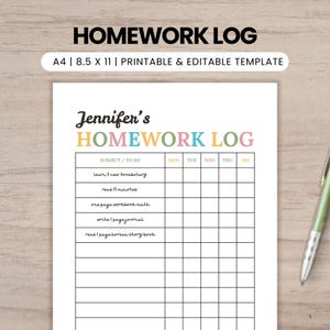 Könnte beinhalten: Eine druckbare und bearbeitbare Hausaufgaben-Logbuch-Vorlage auf weißem Papier mit dem Text Jennifer's HOMEWORK LOG. Das Raster enthält Spalten für Fächer und Wochentage von Montag bis Freitag. Das Dokument hat das Format A4.