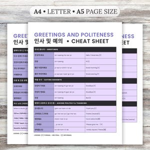 May include: A4 and A5 size cheat sheet with Korean greetings and politeness phrases. The sheet includes phrases for saying hello, goodbye, and expressing thanks. The text is in Korean and English, with a purple and white colour scheme.