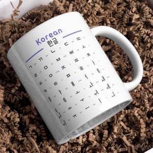 May include: White ceramic mug featuring the word "Korean" in purple and Korean characters. The mug has a white handle and is set against a brown, textured background. Ideal for language learners.
