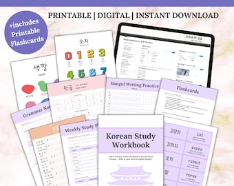Learn Korean Bundle, Printable Workbook, Notion Template, Flashcards, Posters, PDF & PNG, instant download