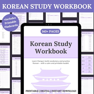 Aprende coreano, aprende hangul, practica la escritura, tarjetas didácticas de coreano, hojas de trabajo imprimibles en PDF para principiantes.