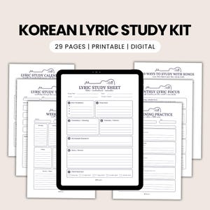 Kit de estudio de letras de canciones coreanas / Hojas de trabajo de canciones K-Pop / Cuaderno de trabajo imprimible en PDF para practicar vocabulario y comprensión auditiva
