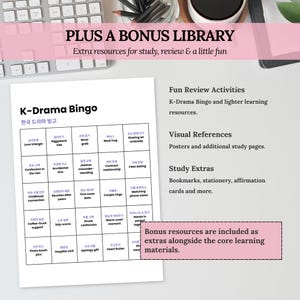 Korean self-study bonus library featuring K-Drama Bingo, visual references, bookmarks, stationery, affirmation cards and extra learning resources.