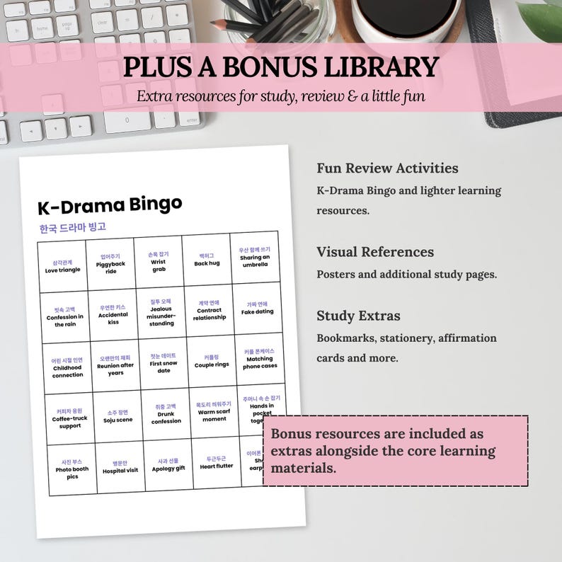 Korean self-study bonus library featuring K-Drama Bingo, visual references, bookmarks, stationery, affirmation cards and extra learning resources.