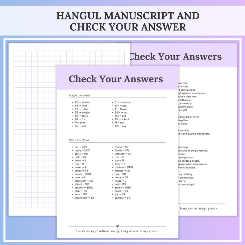 A Hangul manuscript grid page sits behind a “Check your answers” page that lists Korean words with their English translations and answer keys for exercises. Answer sheet and manuscript page from the Korean study workbook to review vocabulary and correct practice activities.
