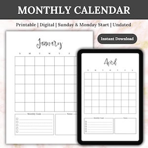 Undated Monthly Calendar Printable: Minimalist Planner (A4, A5, Letter PDF Download)