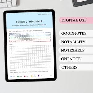 Korean sentence-building worksheet shown on a tablet with Goodnotes, Notability, Noteshelf and OneNote listed as compatible digital study options.