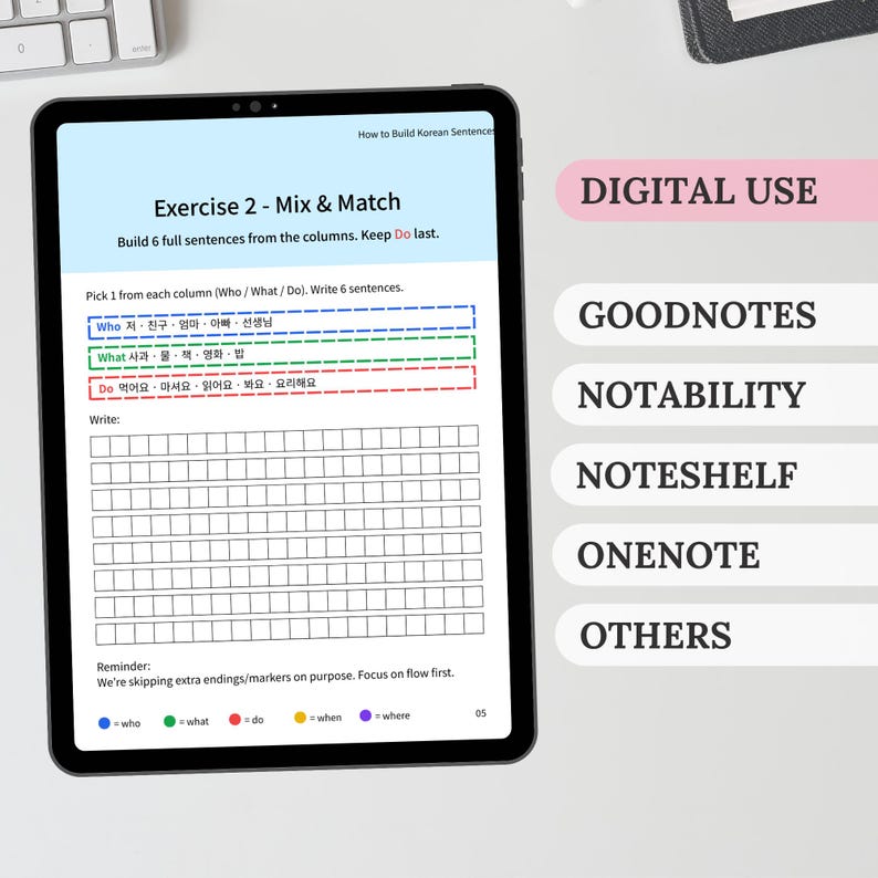 Korean sentence-building worksheet shown on a tablet with Goodnotes, Notability, Noteshelf and OneNote listed as compatible digital study options.