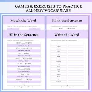 Four worksheet pages titled “Match the Word,” “Fill in the Sentence,” and “Write the Word” display multiple-choice Korean sentences and lists of vocabulary to translate or complete. Game and exercise pages from the Korean workbook that help practice new Korean vocabulary in context.