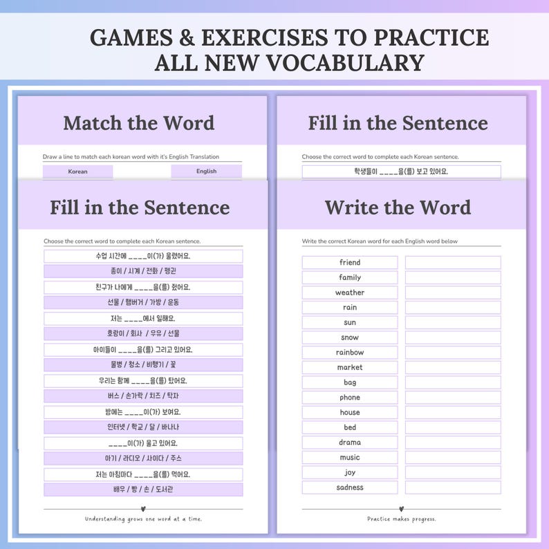 Four worksheet pages titled “Match the Word,” “Fill in the Sentence,” and “Write the Word” display multiple-choice Korean sentences and lists of vocabulary to translate or complete. Game and exercise pages from the Korean workbook that help practice new Korean vocabulary in context.