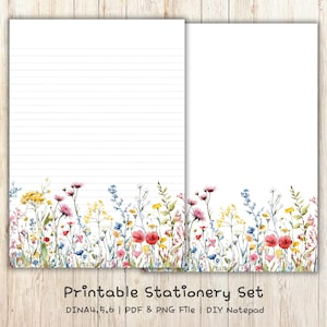 Lined paper printable wildflower stationery floral writing paper instant download journaling pages
