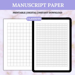 Può includere: Carta manoscritta digitale con due layout. L'immagine mostra un foglio stampato con una griglia e un tablet che mostra un layout simile. Il testo in alto recita "MANUSCRIPT PAPER" e "PRINTABLE | DIGITAL | INSTANT DOWNLOAD".
