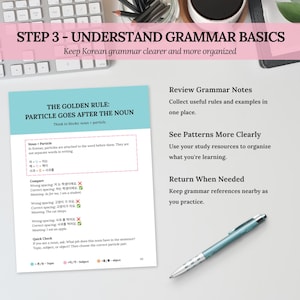 Korean grammar study page explaining noun particles with examples, shown as part of step three for understanding beginner Korean grammar basics.