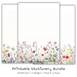 3x Blumen Briefpapier Set zum selbst ausdrucken | Liniert & Unliniert A4, A5, A6 + DIY Notizblock Anleitung (PDF + PNG)