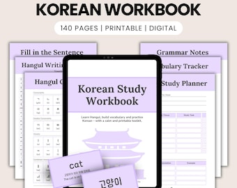 Quaderno di esercizi di coreano per principianti / Esercizi di scrittura Hangul / Oltre 350 vocaboli / Flashcard / Download digitale