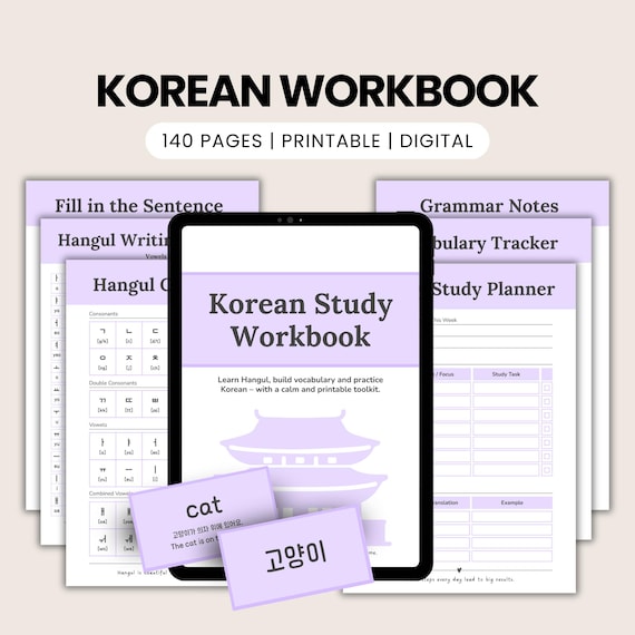 Korean Beginner Workbook | Hangul Writing Practice | 350+ Vocabulary Builder | Flashcards | Digital Download